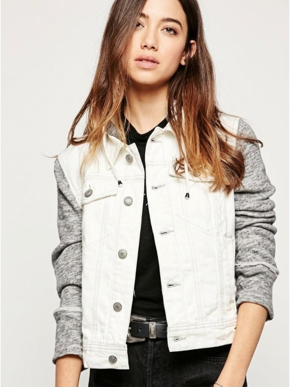 Free People White Gray Knit Sleeve Hooded Distressed Denim Jean Jacket M| Grunge